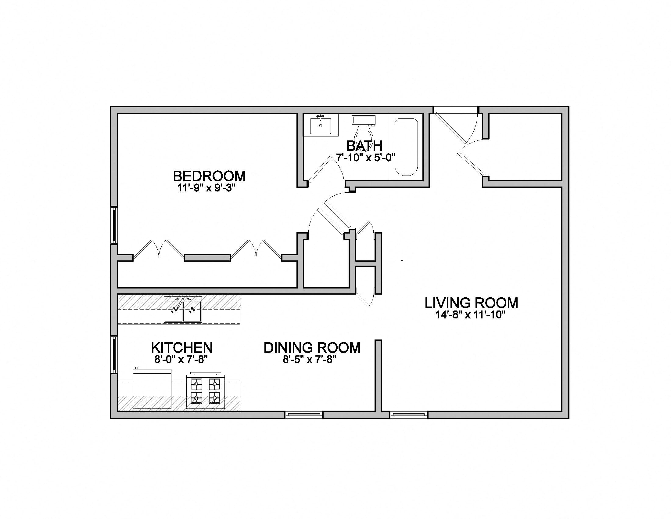 Floor plan for 1 bed, 1 bath, 650 sqft
